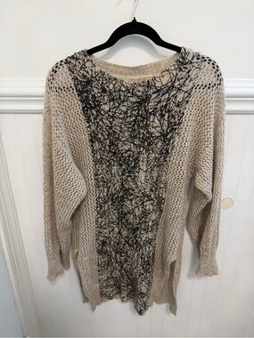 Beige Open-Knit Crewneck Sweater with Black Graphic Panel